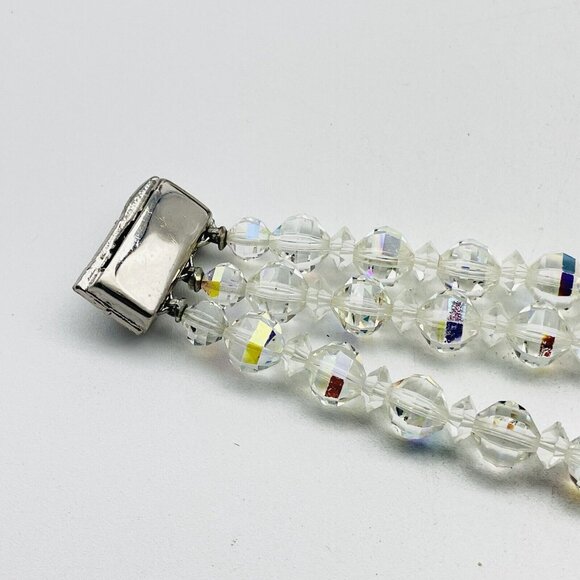 Triple Strand Beaded Bracelet Silver Tone Rhinestone Clasp Sunburst Glam Bling - Picture 4 of 8